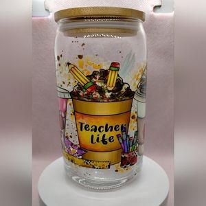 Teacher Life Glass Cup with Bamboo Lid and Glass Straw‎ - NEW Handmade